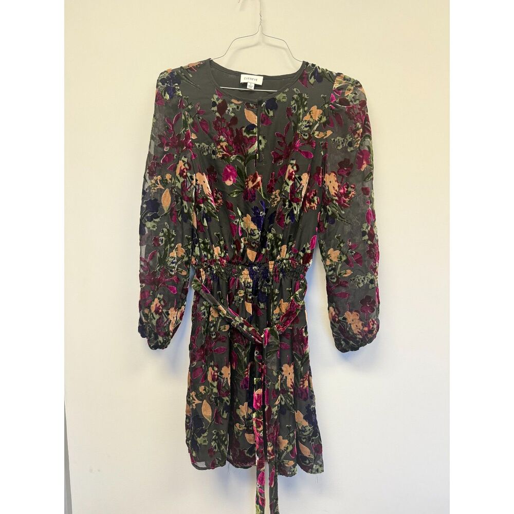 EVEREVE S Ashlyn Velvet Burnout Floral Dress Long Sleeve Belted Elastic Boho